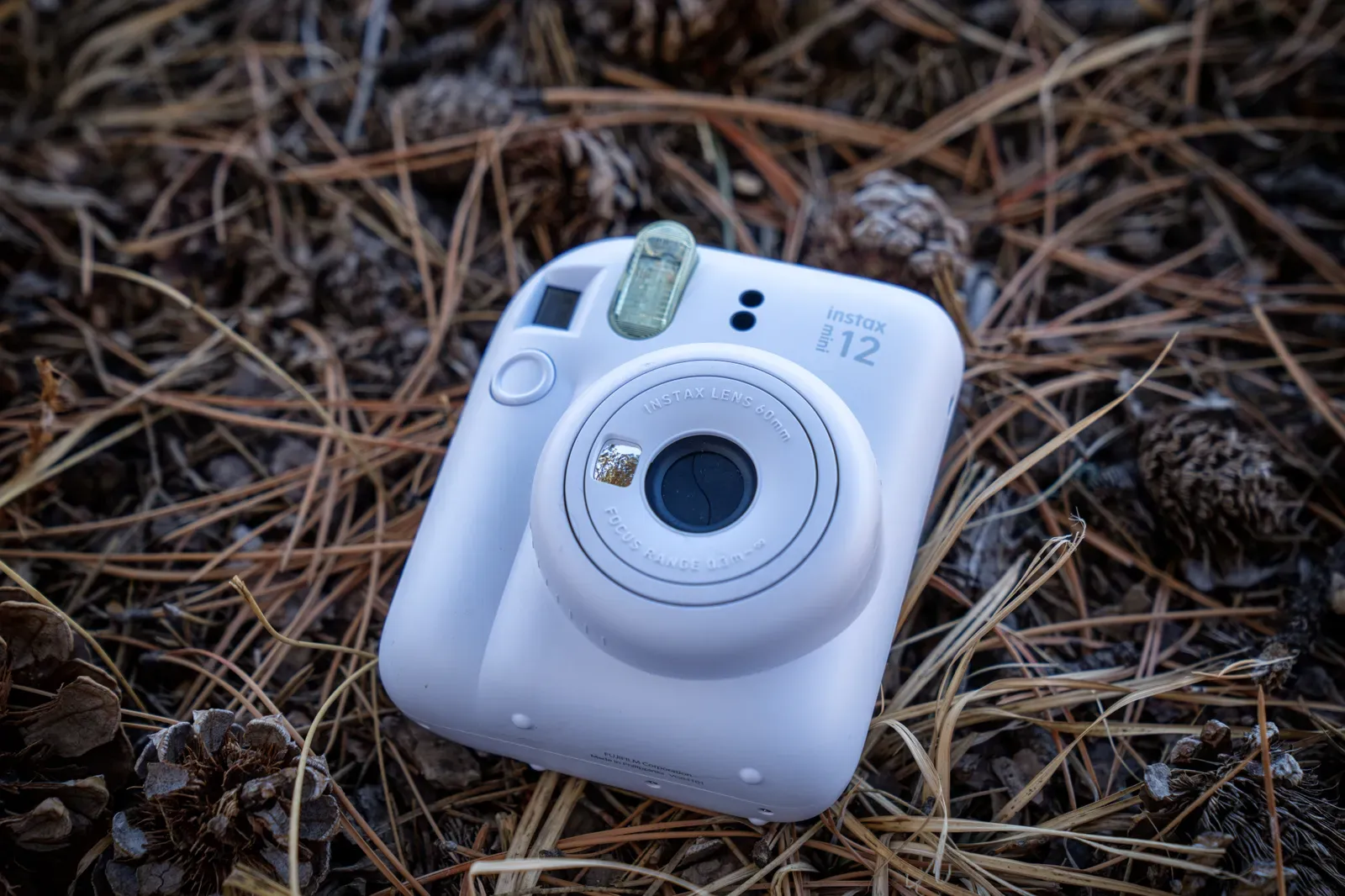 A Fujifilm Instax Mini 12 camera lying on pine needles